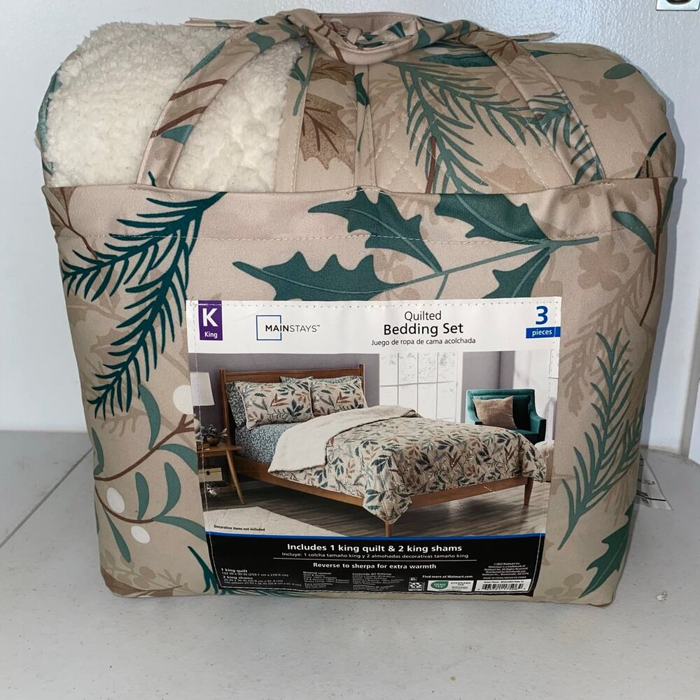 Mainstays King Quilted Bedding Set 3 Pc Fall Leaves Reversible To Sherpa New